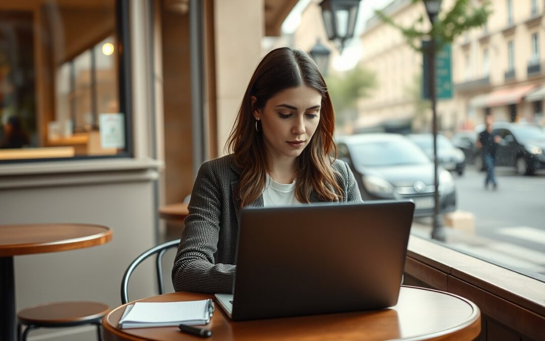 A woman working on her laptop in a city cafe