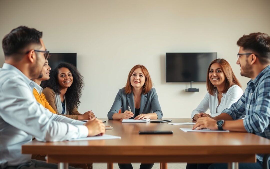 A diverse team listening to a colleague around a meeting table