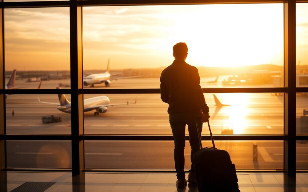 A traveler with a carry-on bag watching planes at an airport window at sunset